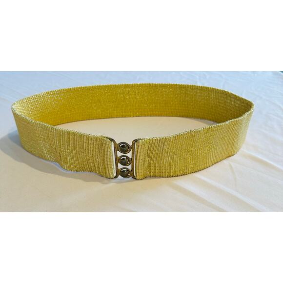 Vintage 80s  Bright Gold Malco Modes Wide Elastic Cinch Belt Gold Metal Buckle - Picture 1 of 8